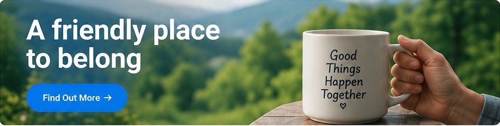 A friendly place to belong — Good Things Happen Together mug