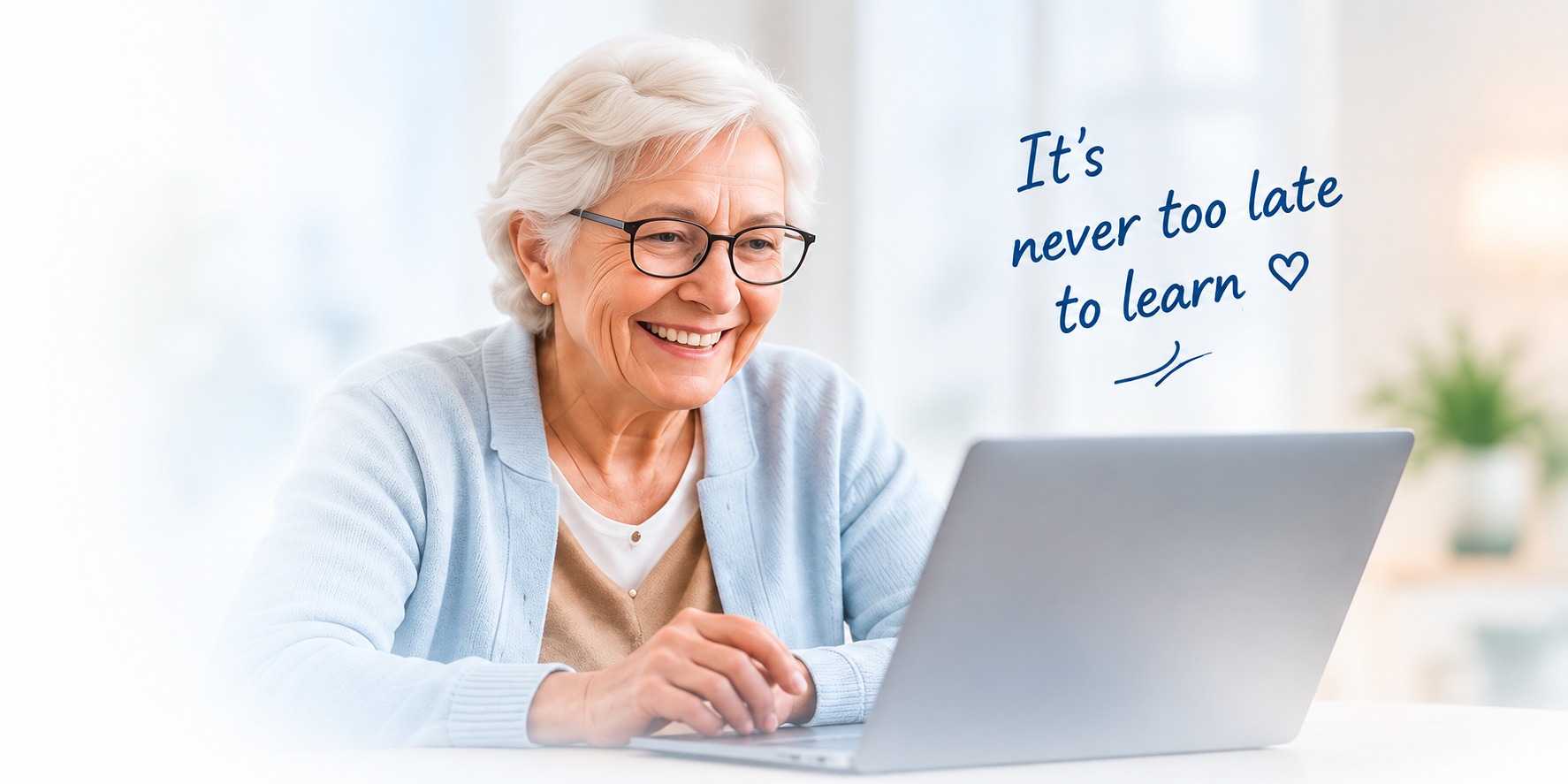 Older person learning with friendly digital support