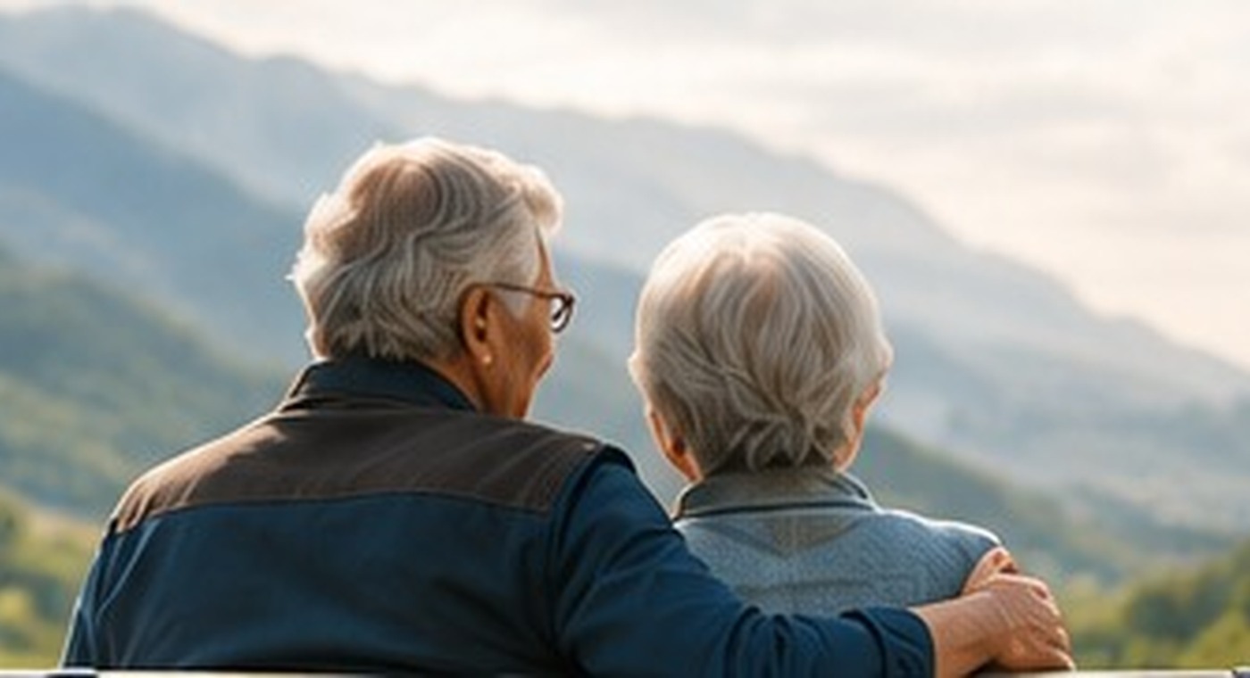 Older couple looking over a peaceful landscape